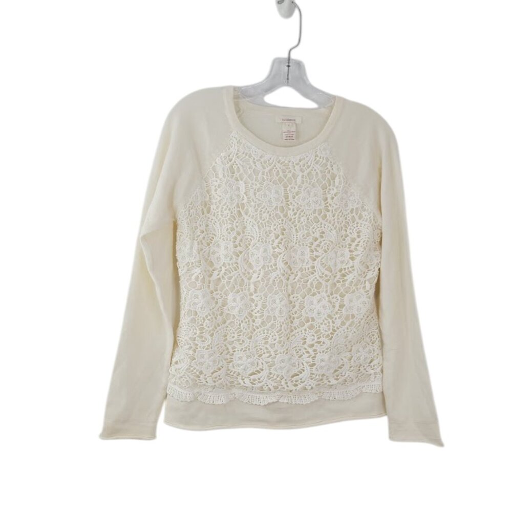 Sundance Women's White Raglon Floral Merino Wool Pullover Sweater Size S